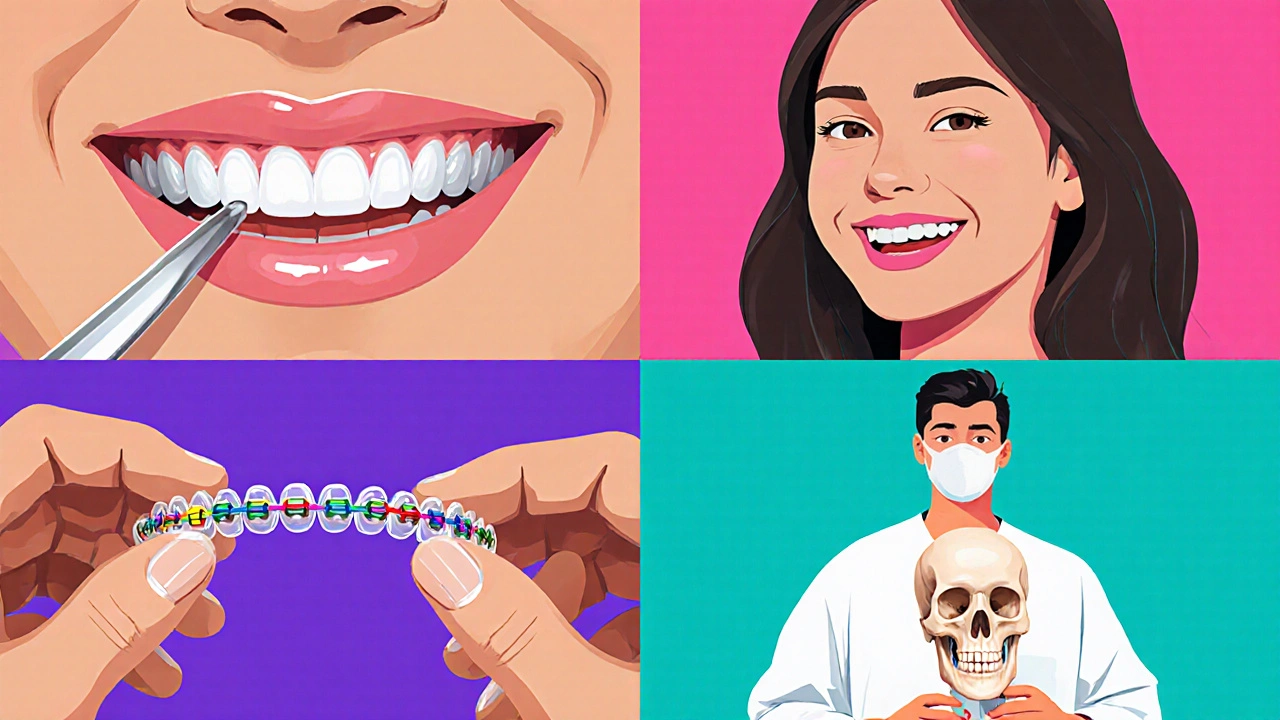Čtyři scénky ukazují fazety, tradiční aparát, Invisalign a ortognatickou operaci.