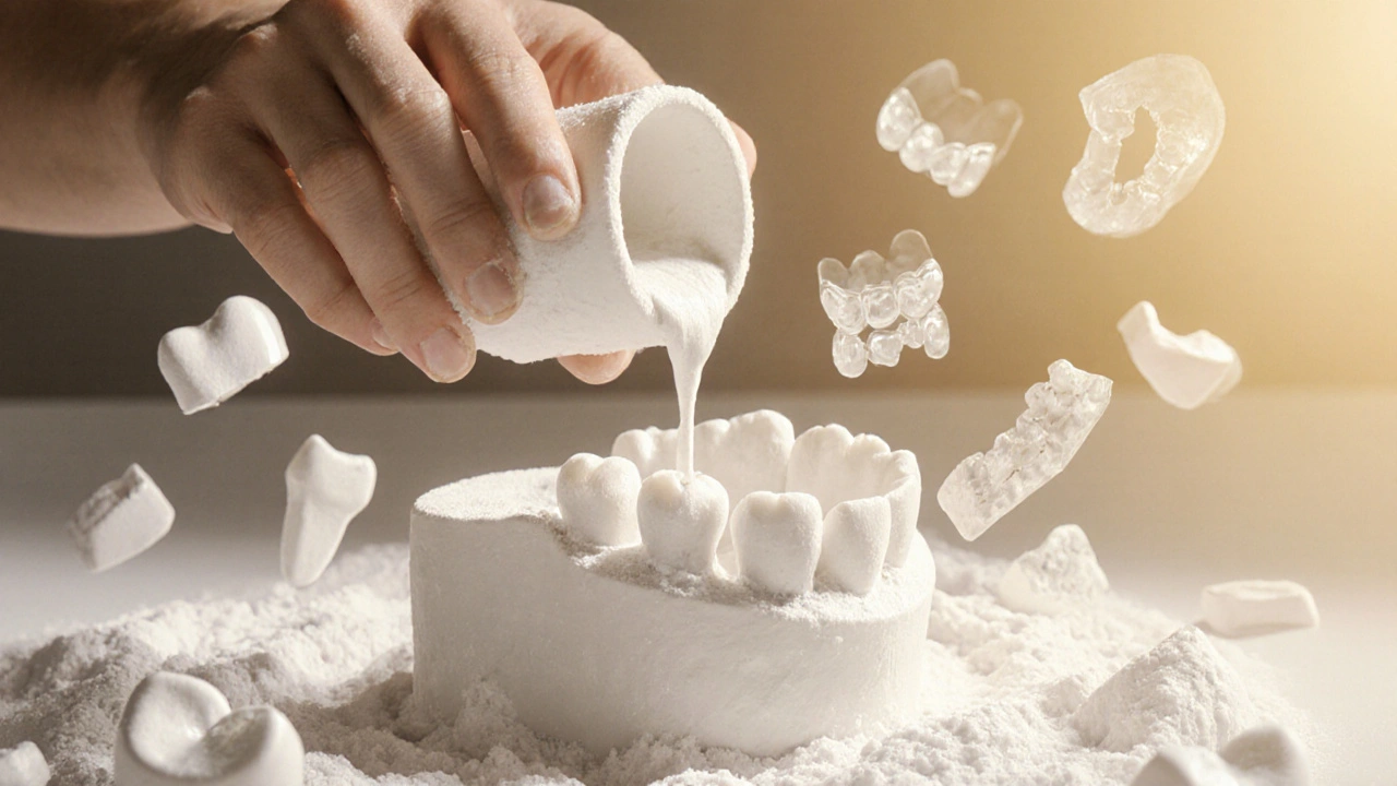 Dental impression hardening into plaster model with prosthetics emerging.