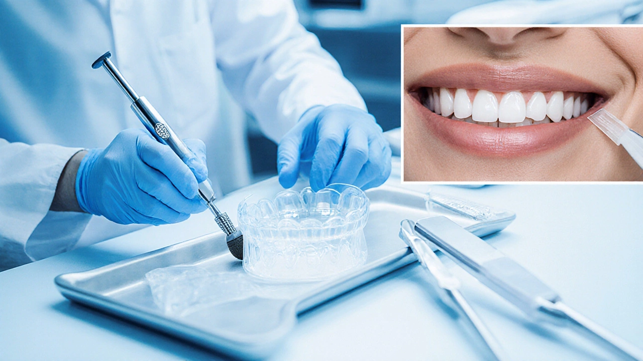 Dentální ordinace s mikroabrací, kompozitními fóliemi a gelovým zabarvovacím podkladem na zubech.