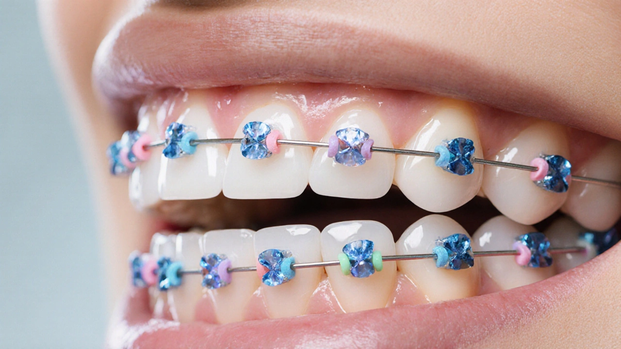 Detail zubů s keramickými braketami a dráty, viditelné elastické kroužky.