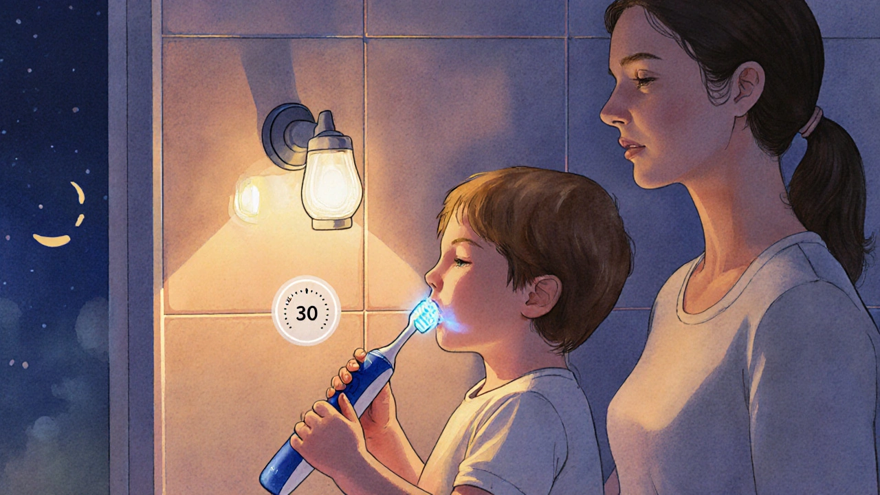 Dítě si čistí zuby pod dohledem rodiče, viditelné čtyři kvadranty a časovač.