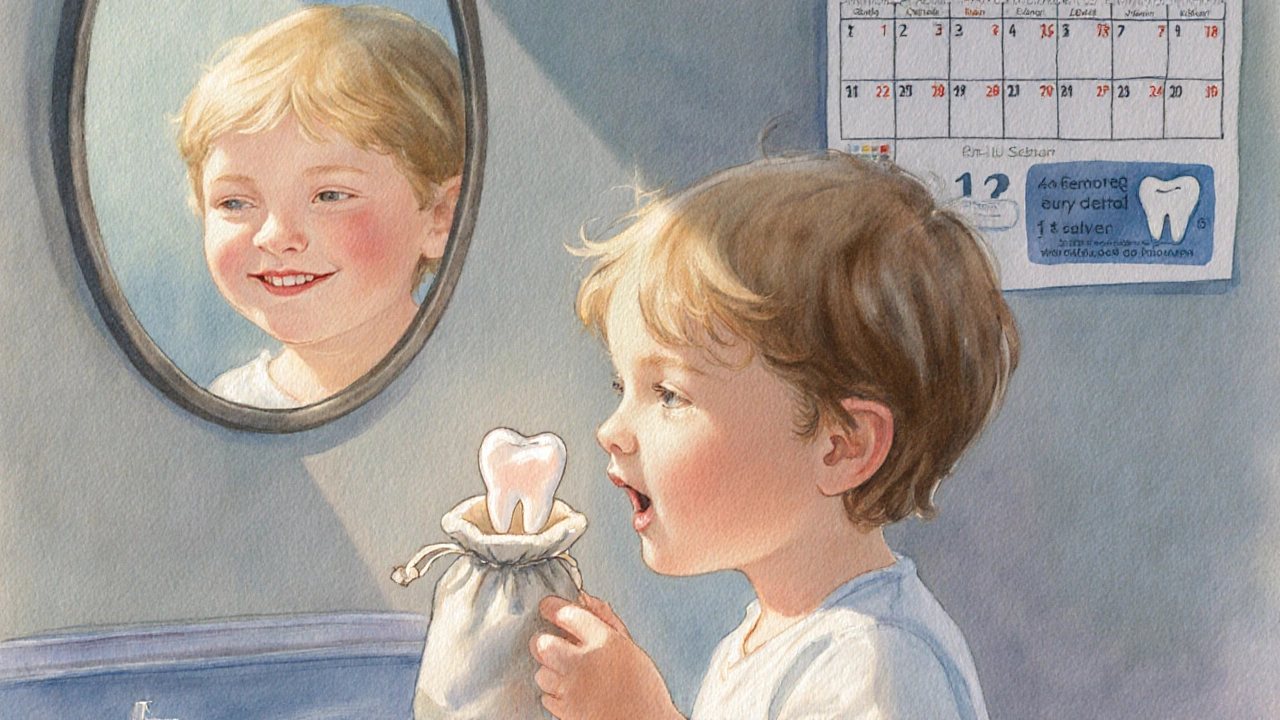 Dítě ztrácí první mléčný zub, rodič ho chytá do hadříku.