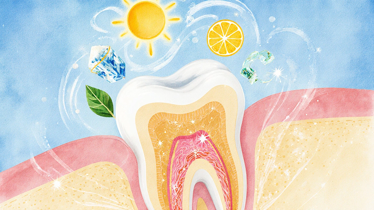 Ilustrace zubu s přilétajícími symboly vápníku, vitamínu D, fluoru, C a kyseliny listové.