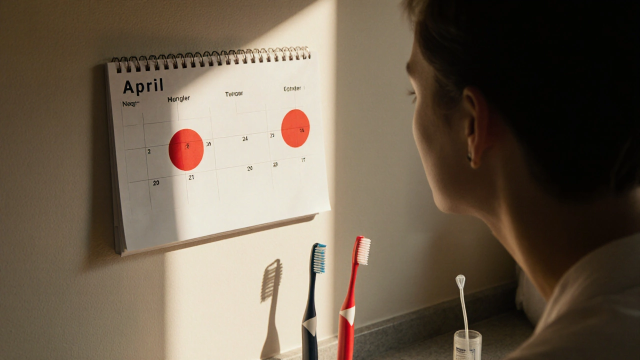 Kalendář s označenými daty zubních prohlídek na kuchyňském stole
