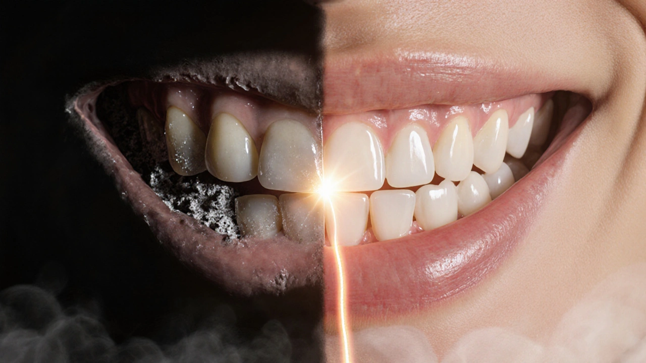 Kontrast mezi poškozeným a zdravým úsměvem symbolizující účinek odborné péče.