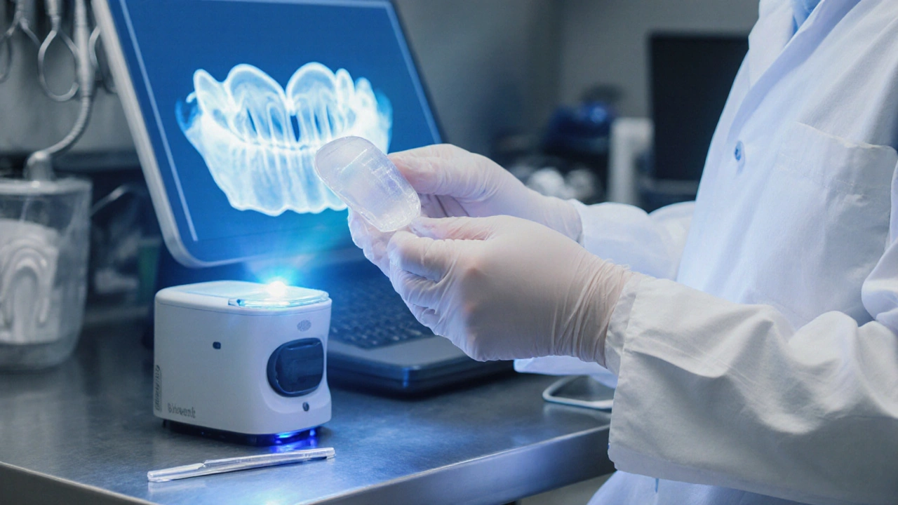 Makro záběr: technik drží keramickou fazoli, světelný zdroj polymerizuje materiál u digitálního 3D skenu.