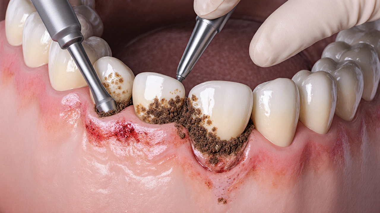 Odborný náčrt odstraňování zubního kamene pod dásní speciálními nástroji.