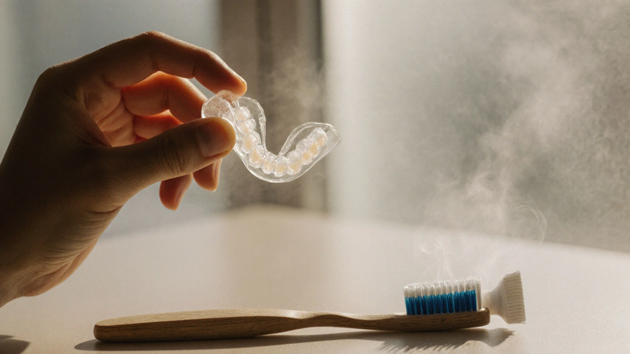 Osoba drží retainer, vedle zubní kartáček a pastu, připravená na ústní hygienu.