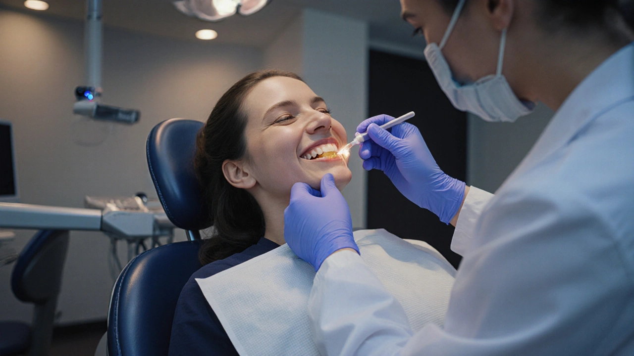 Pacient v zubní ordinaci po laserovém bělení, usmívá se a zubař aplikuje fluoridový gel.