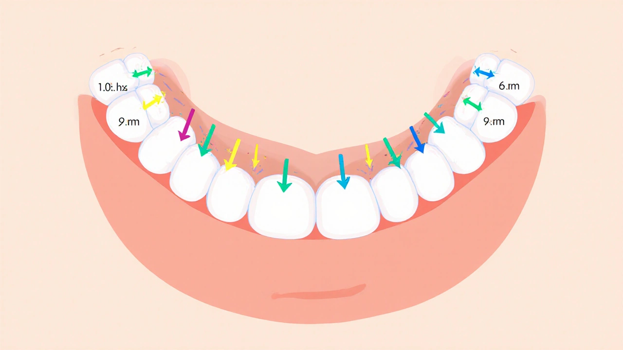 Postupný vývoj 20 mléčných zubů u dítěte od 6 měsíců do 3 let.