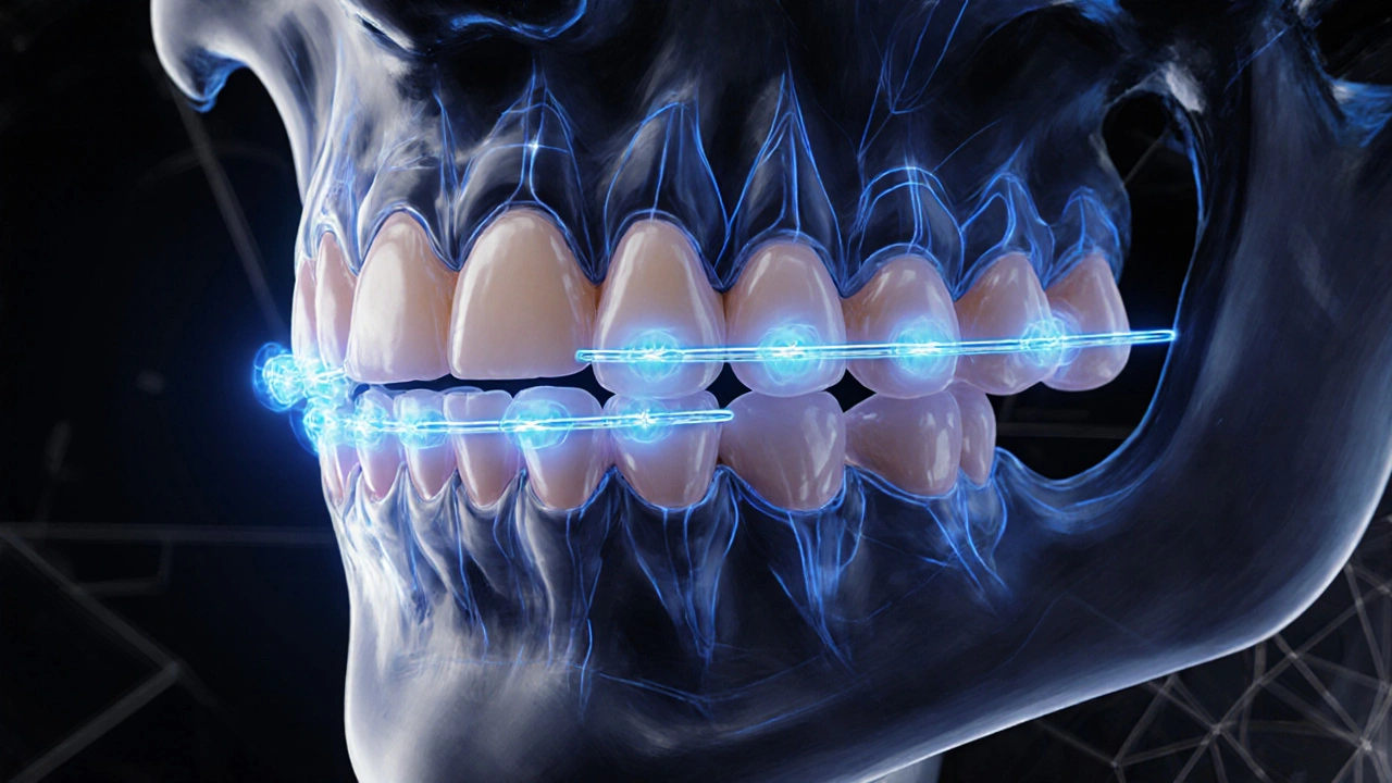 Přehled čelisti s pohybem zubů pod tlakem rovnátek, vědecký styl.