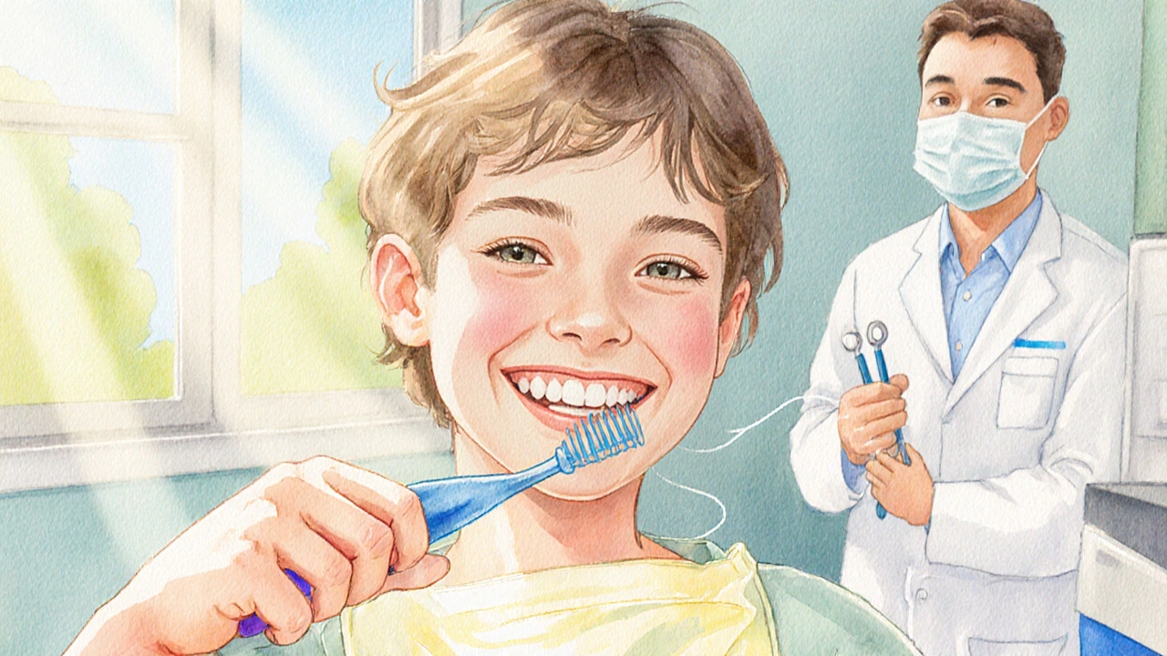 Šťastná osoba si pečlivě čistí a používá nit, zatímco dentista kontroluje zdravé zuby.
