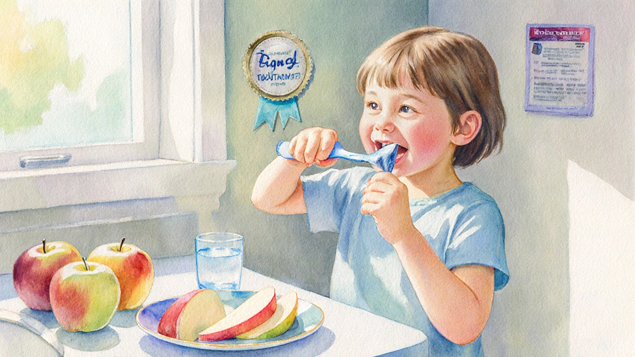 Šťastné dítě čistí zuby, obklopené zdravými potravinami a pastou s fluorem.