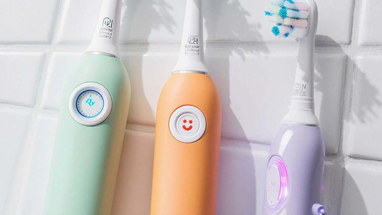 Tři dětské sonické kartáčky vedle sebe ukazují časovač, senzor tlaku a LED světlo.