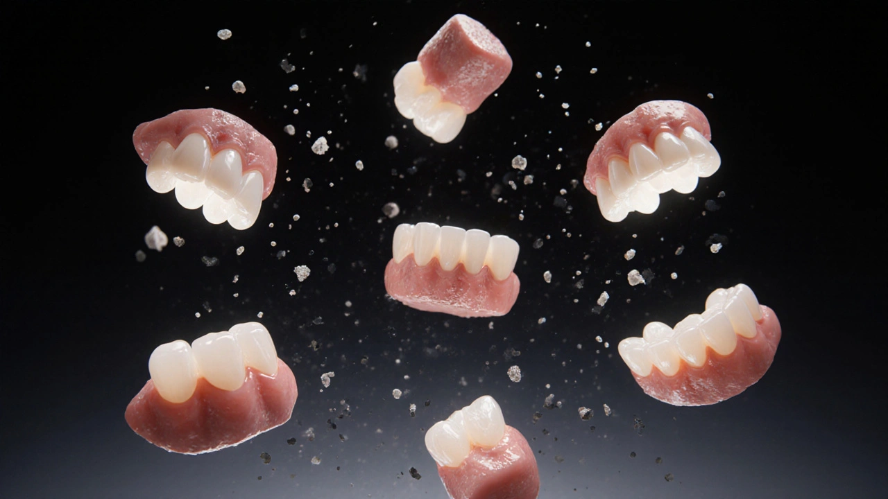 Ceramic veneers glowing softly, repelling debris in a symbolic medical scene.