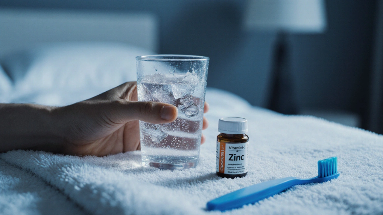 Chladná voda, doplňky a kartáček na stole při hojení po kyretáži.