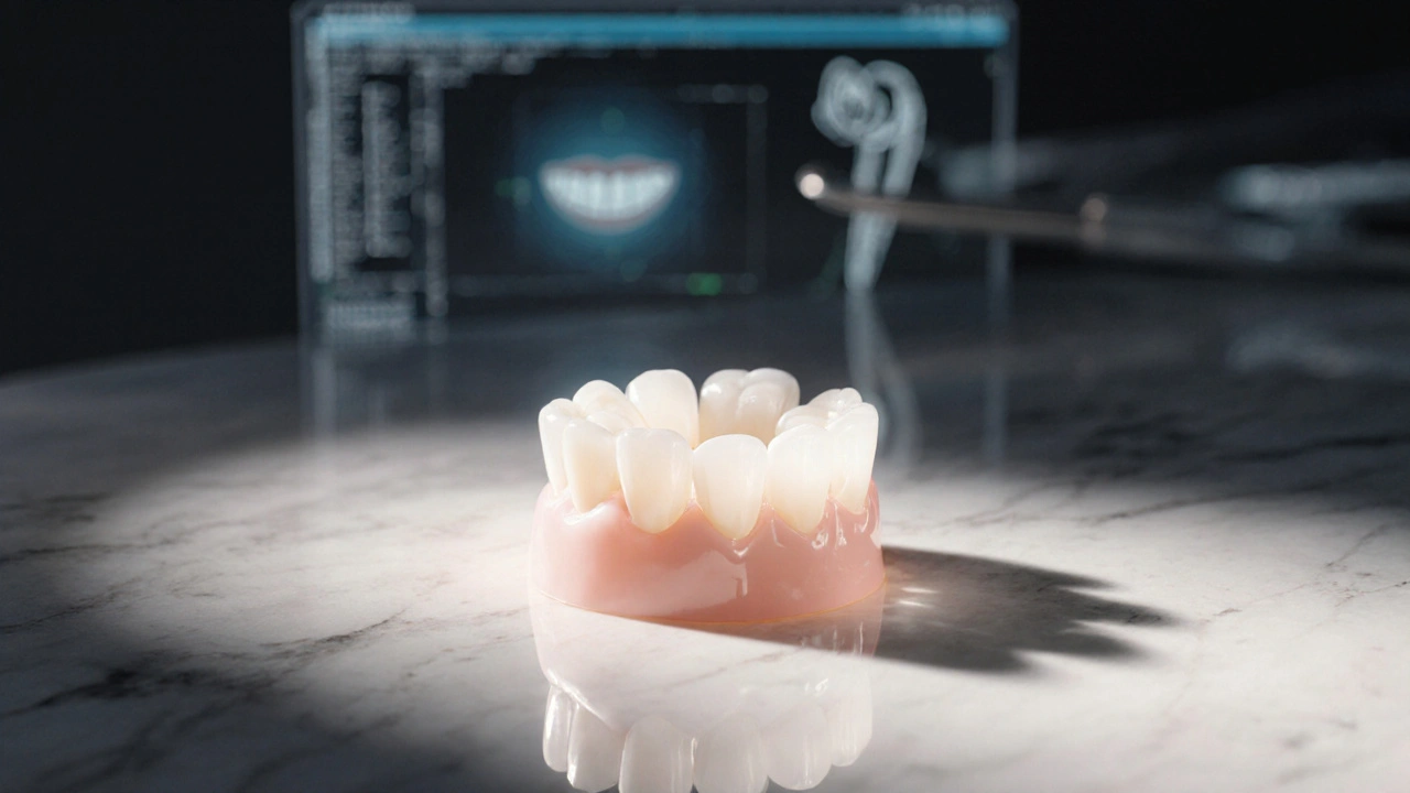 Close-up of a single ceramic veneer glowing with natural tooth-like translucency on marble.