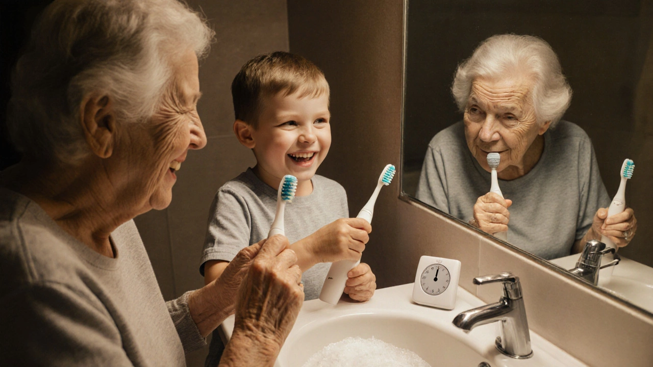 Dítě a starší osoba společně čistí zuby sonickými kartáčky v koupelně s teplým světlem.