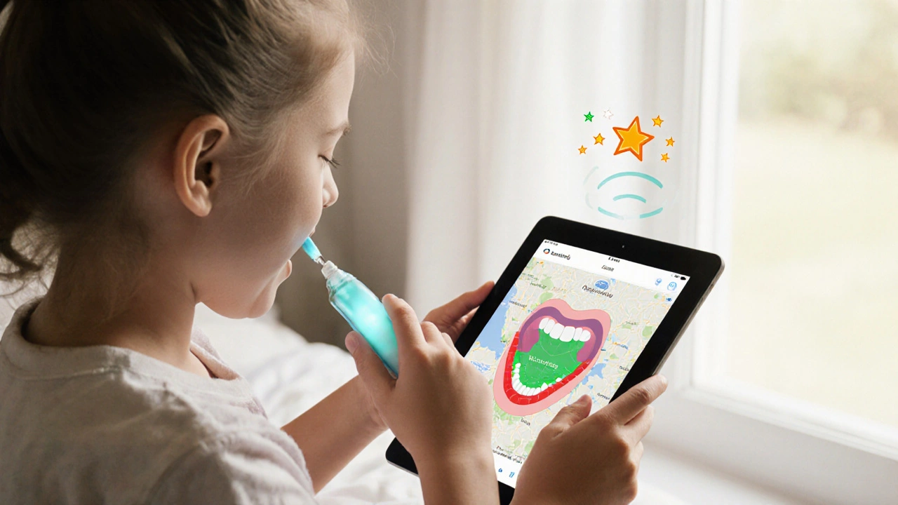 Dítě čistící zuby chytrým kartáčkem, který zobrazuje na tabletu postup čištění.