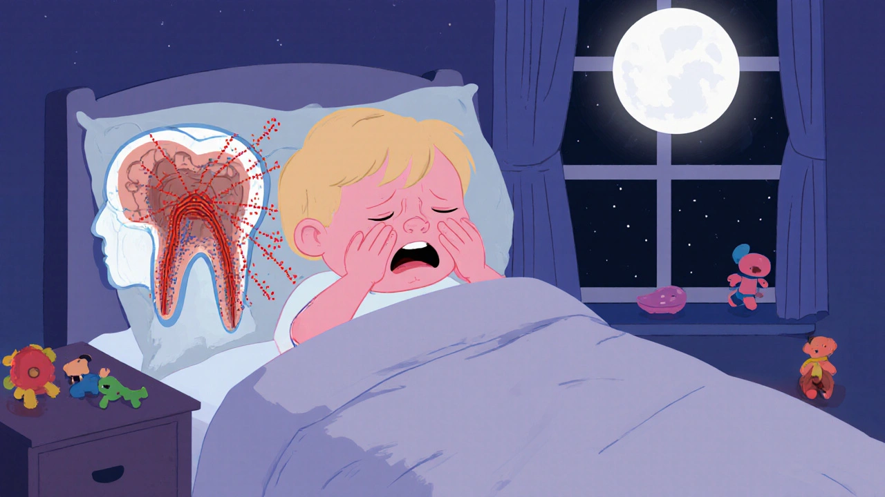 Dítě pláče v posteli, viditelná infekce se šíří z zubu k mozku.