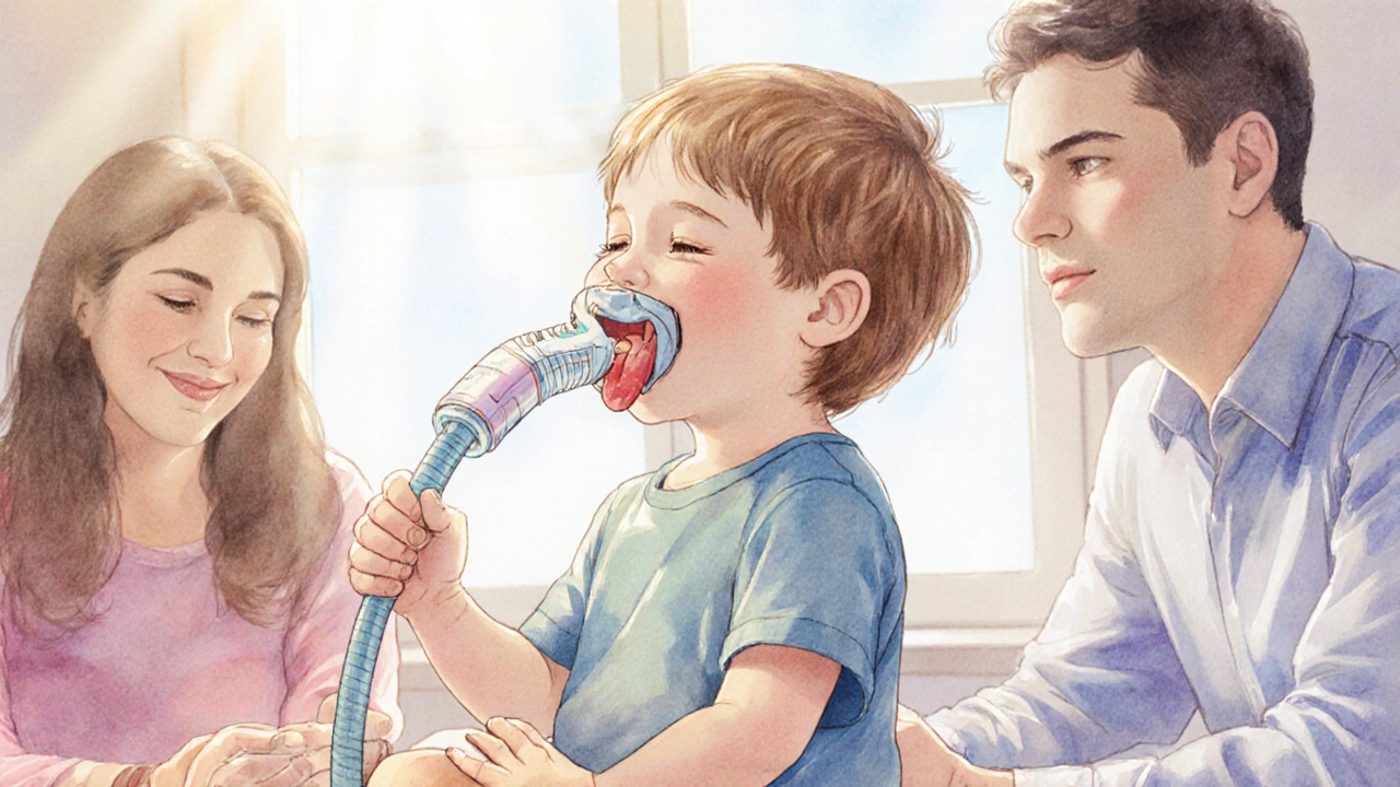 Dítě provádí myofunkční cvičení s přístrojem Myobrace a dýchací trubičkou.