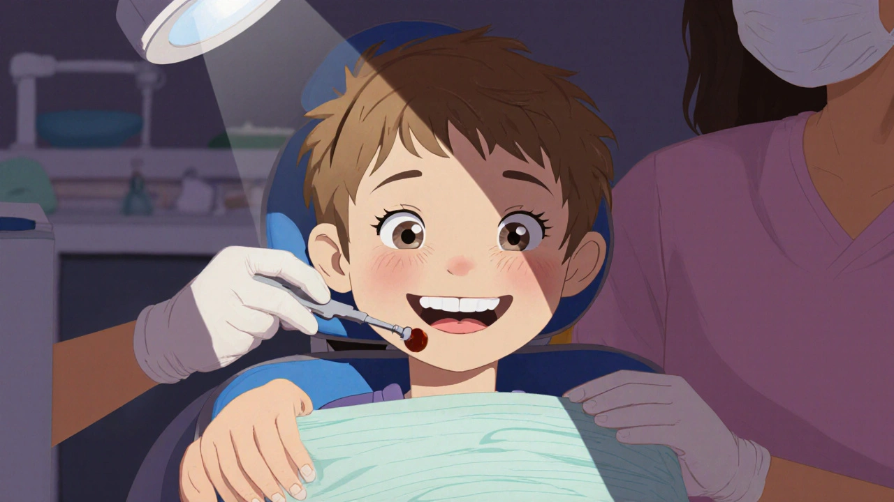 Dítě s uvolněným mléčným zubem a trvalým molárem vyrůstajícím za ním.