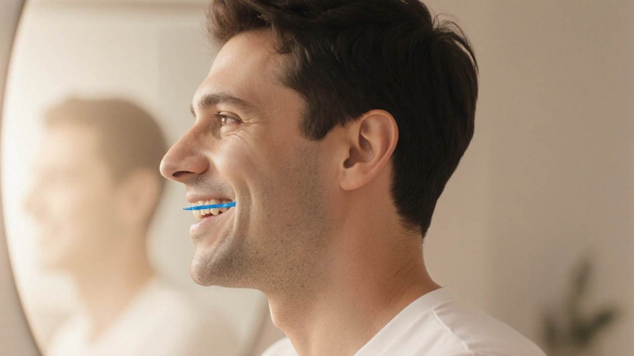 Dospělý s průhlednými rovnátky, korekce čelisti v profilu.