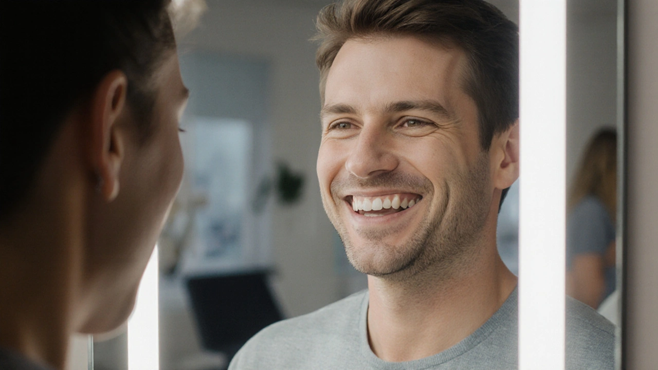 Dospělý s téměř neviditelnými rovnátky před zrcadlem.