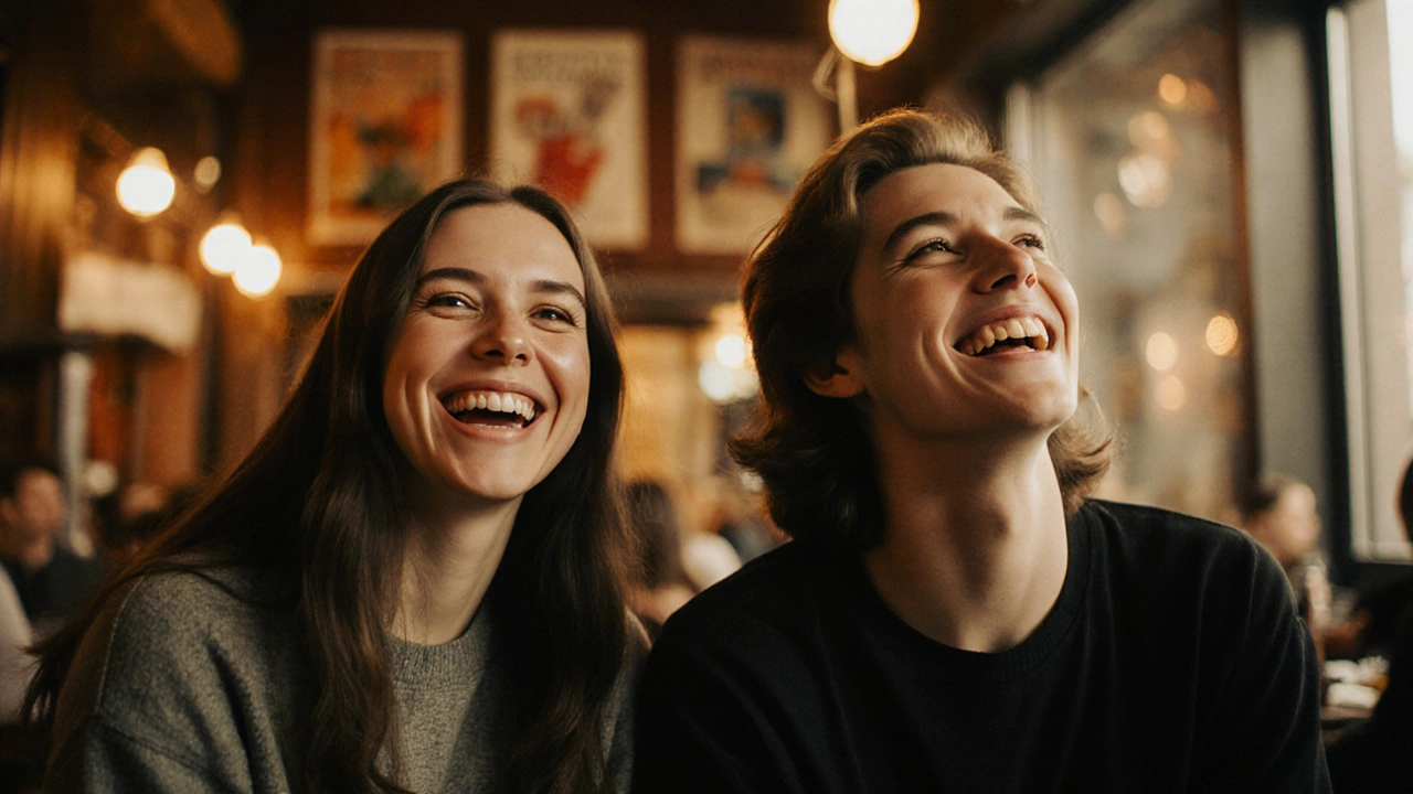 Dvě osoby v kavárně: jedna s mezerou směje se, druhá s dokonalými zuby jen usmívá.