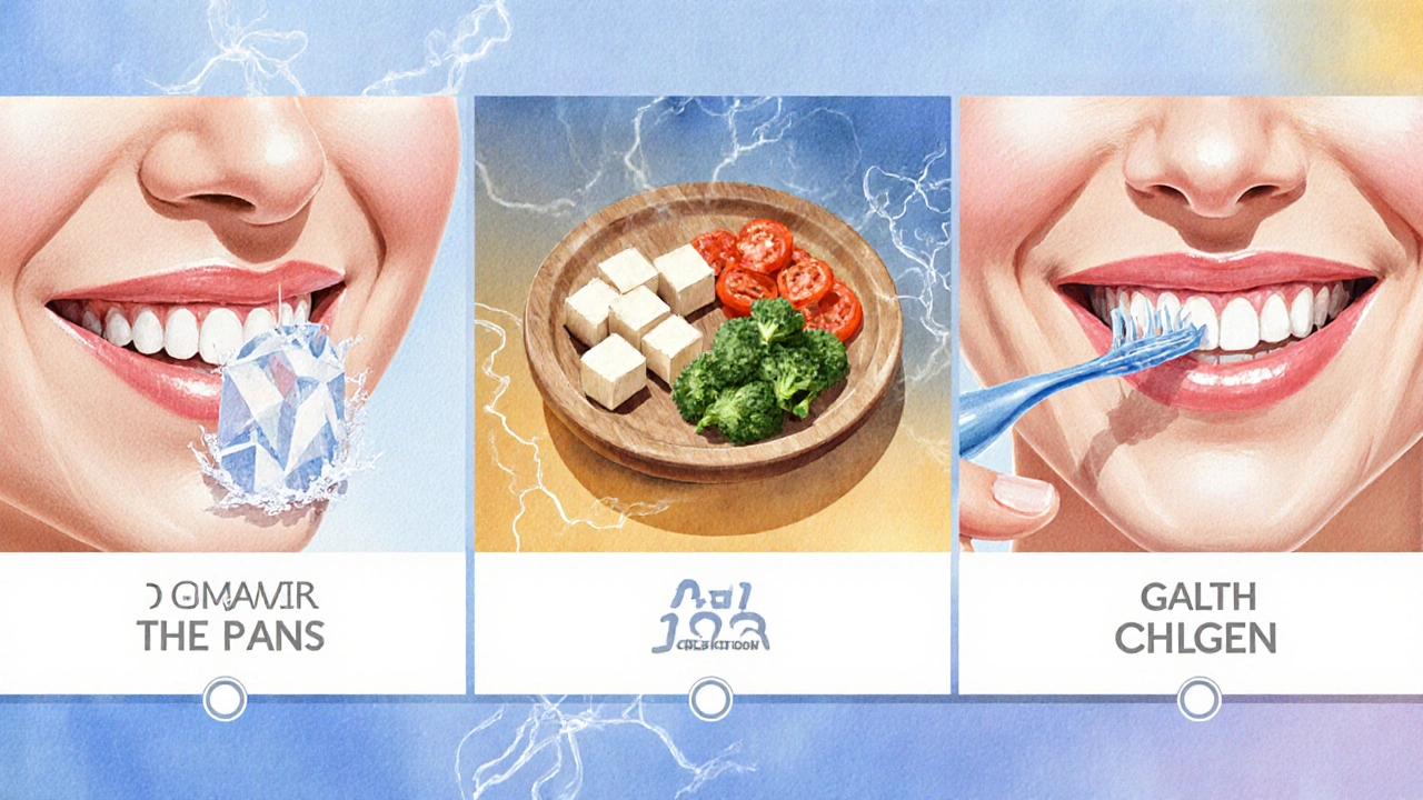 Ilustrace hojení dásní: zánět, měkká jídla a zdravé dásně v časové řadě.