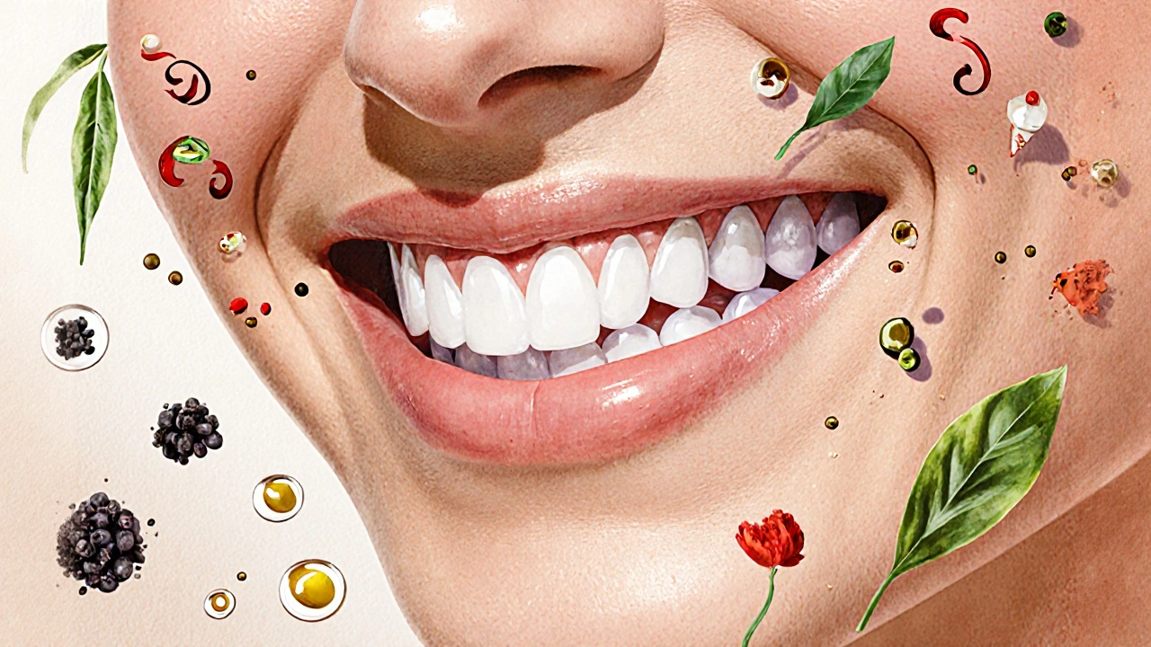 Ilustrace úsměvu s přírodními látkami kolem zubů, které obnovují přirozený lesk sklovinky.