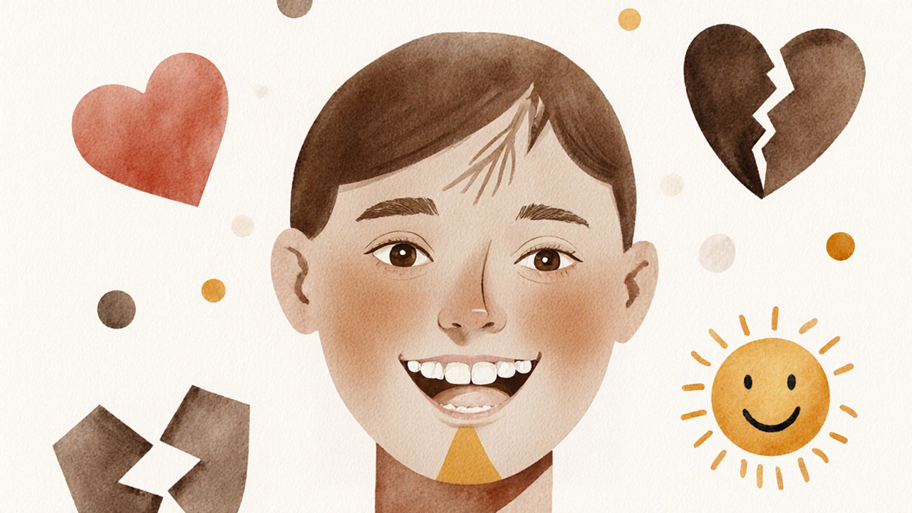 Konceptuální tvář ve vodových barvách s zlatou mezerou mezi zuby a symboly přijetí sebe sama.