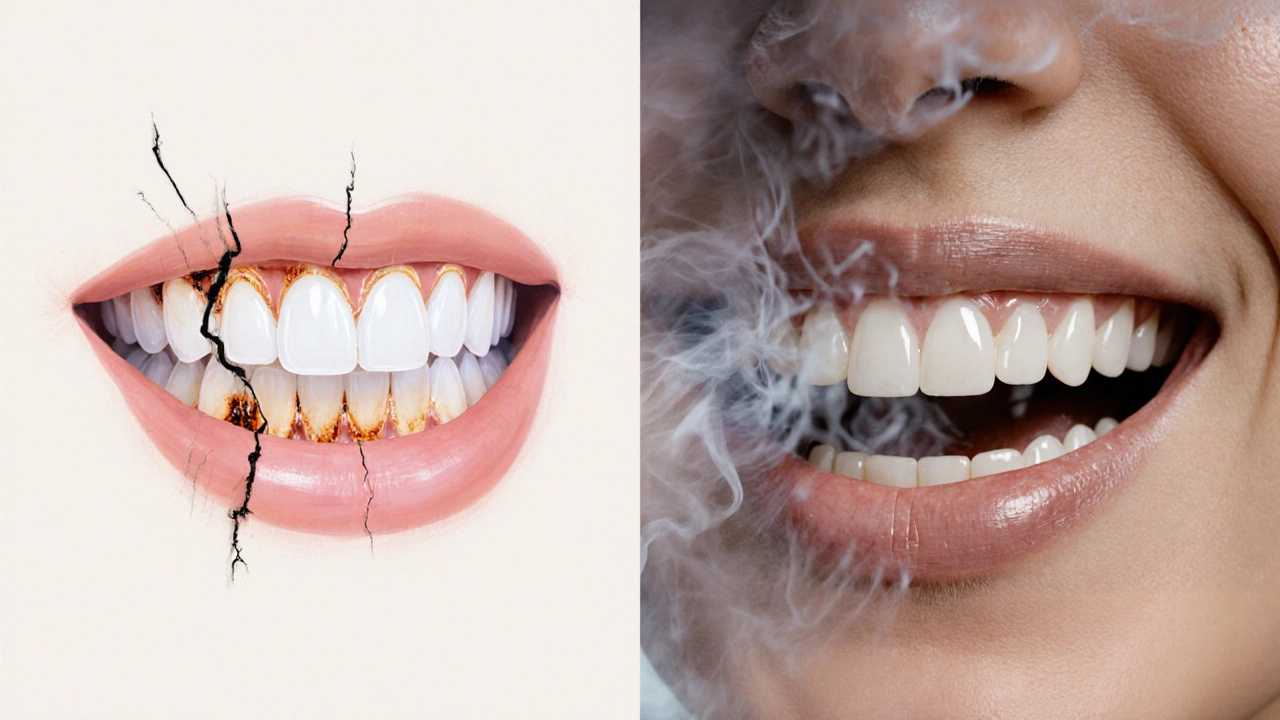Kontrast mezi poškozenými zuby po nevhodném bělení a zdravým úsměvem po profesionální péči.