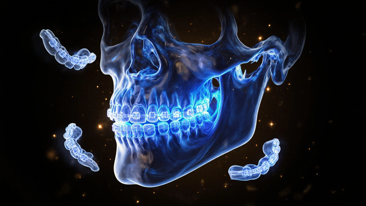 Kosterní struktura čelisti s korekčními silami při léčbě předkusu.