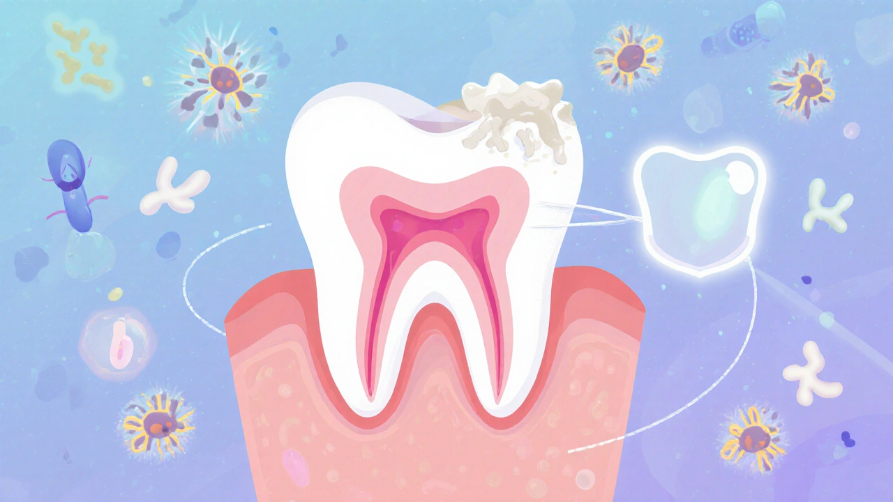 Křížový řez zubu ukazující přeměnu plaku na kámen a jeho ochranu bioaktivním gelem.