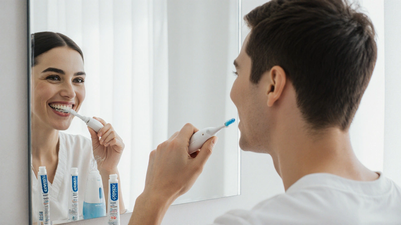 Moderní čištění zubů s elektrickým kartáčkem, nití a vodní čističkou.