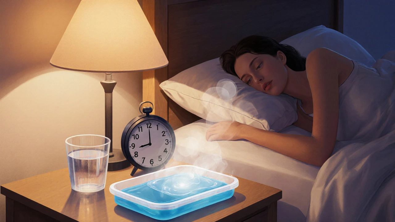 Noční lihovka s bělicím gelem na nočním stolku při slabém světle.