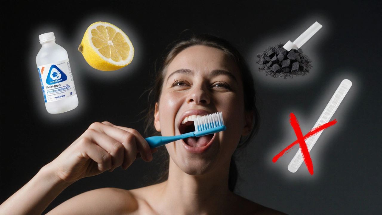Person holding toothbrush surrounded by dangerous home whitening methods marked with warning symbols.