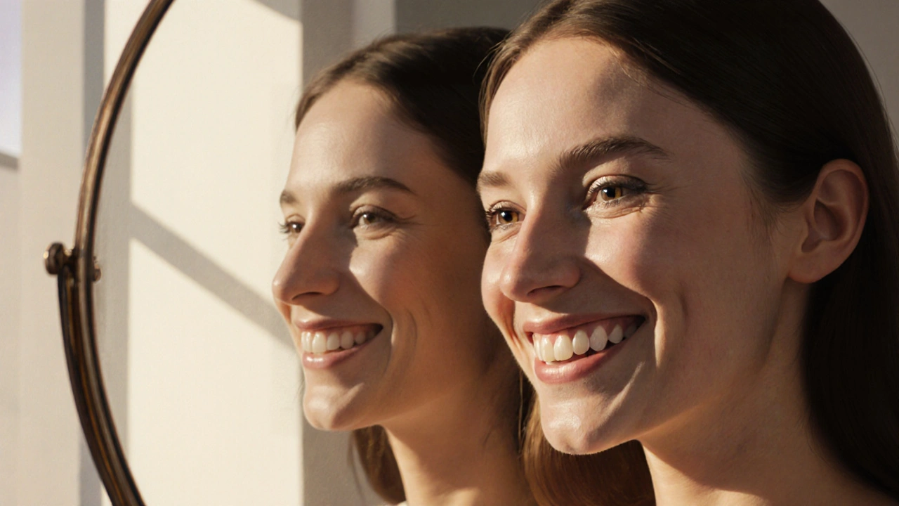 Person smiling confidently in front of a mirror with improved dental appearance.