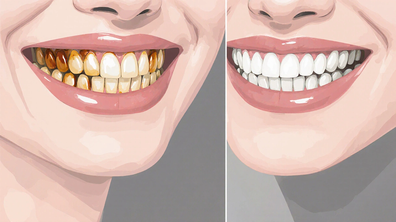 Porovnání tmavých a bělších zubů po použití bělicích pásek.
