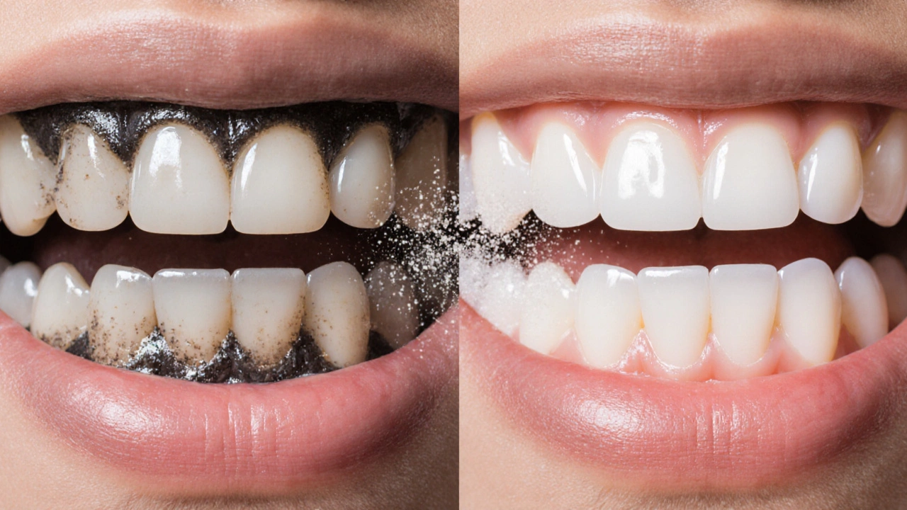 Porovnání zubů před a po pískování: na levé straně tmavý kámen, na pravé hladká a lesklá sklovinka.