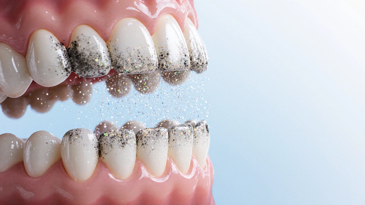 Přehledný náčrt zubního kamene a plaku, které se rozpouštějí pod proudem čisticího prášku a vody.