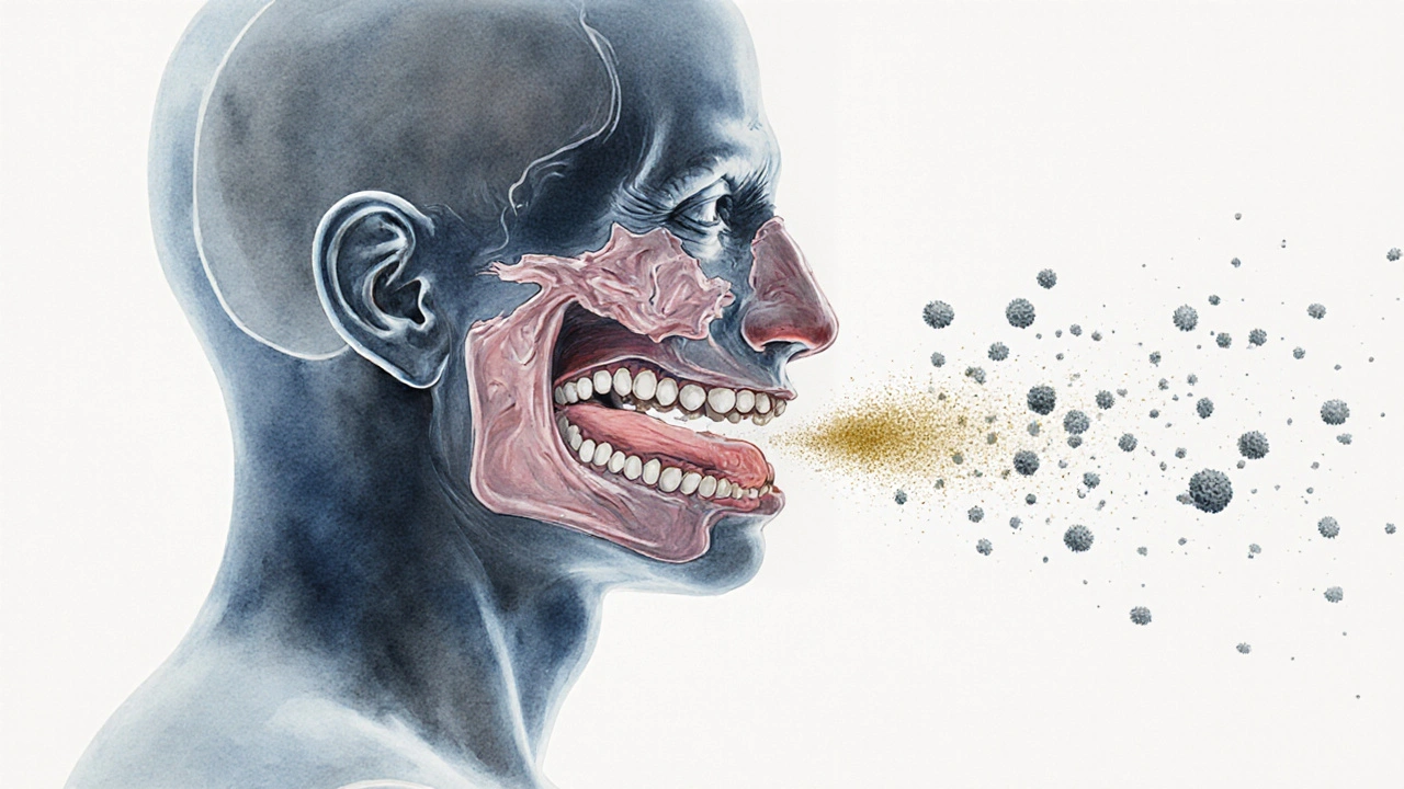 Profily hlavy s transparentními vrstvami ukazujícími blokované dýchací cesty a jazyk posunutý zpět.