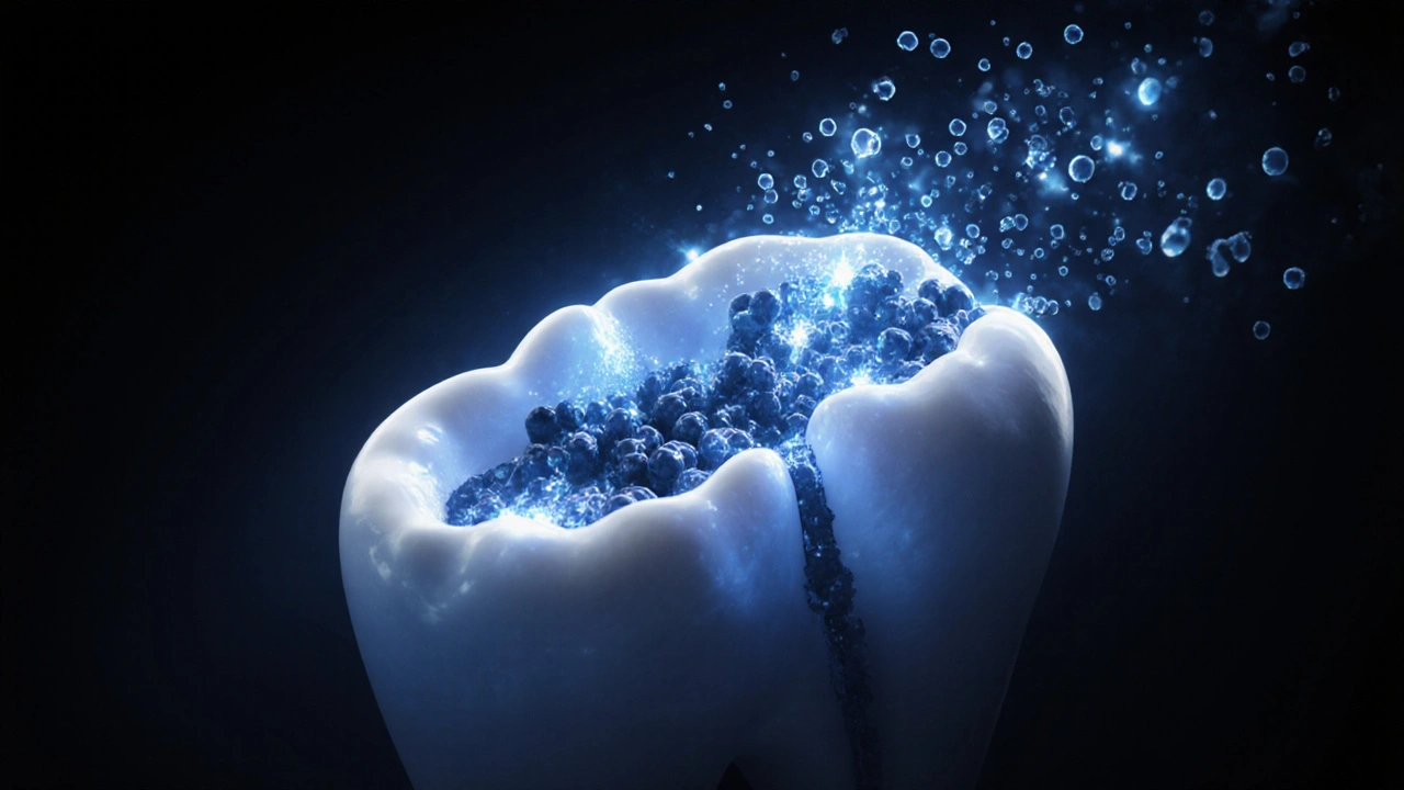 Průřez zubu ukazující, jak peroxid proniká do skloviny a rozkládá pigmenty.