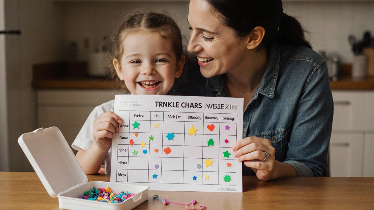 Rodič a dítě společně sledují tabulku s hvězdičkami za nosení gumiček.