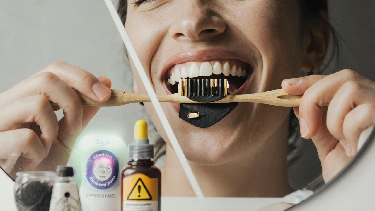 Ruka čistí zuby uhlím z bambusu, zrcadlo odhaluje rozdíl mezi chemickými a přirozenými metodami.