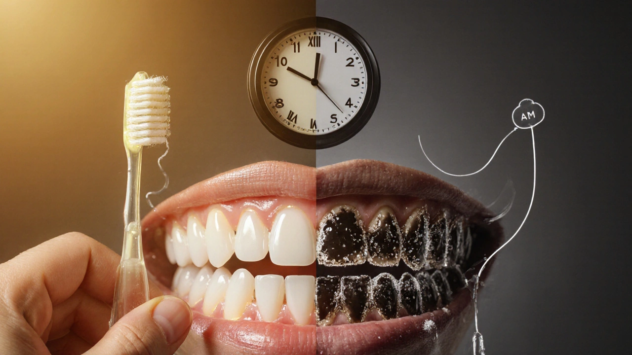 Rukou držený kartáček a nit s protistavem zdravého a poškozeného zubu.