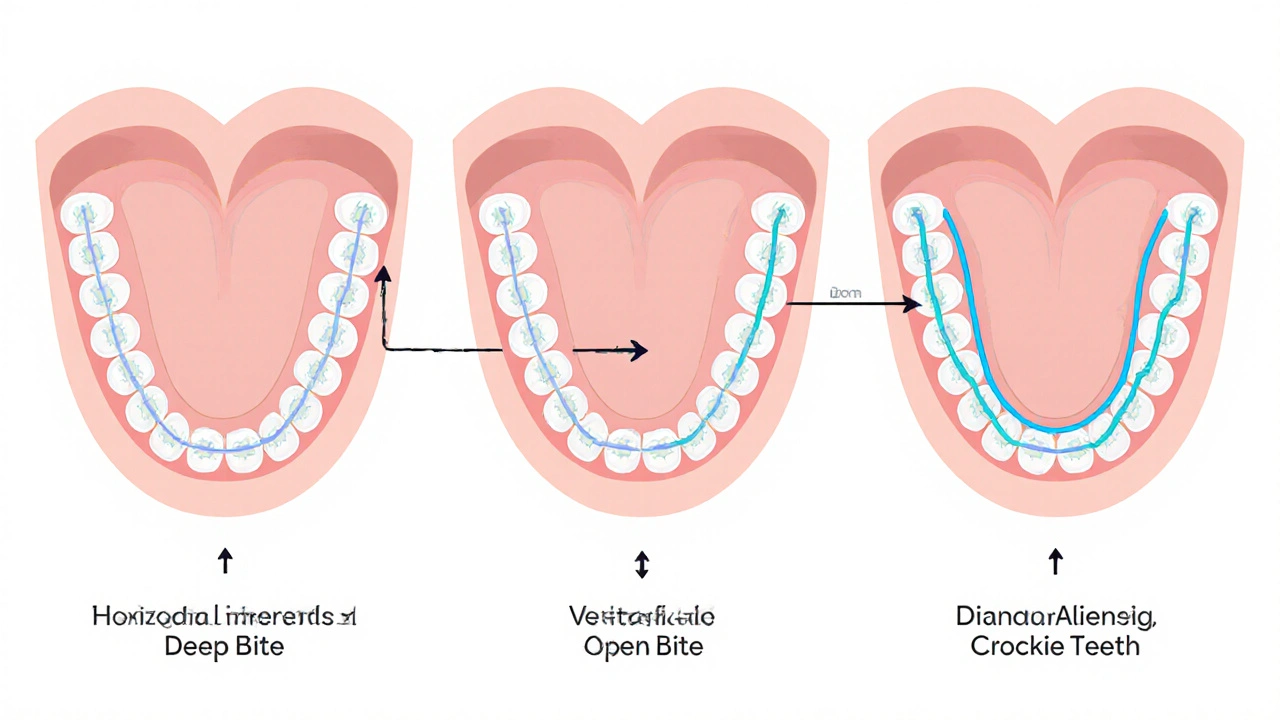 Schéma tří typů ortodontických gumiček s směry síly na čelistech.