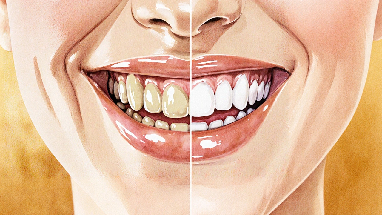 Side-by-side comparison of a dull smile transforming into a bright, even ceramic veneer smile.