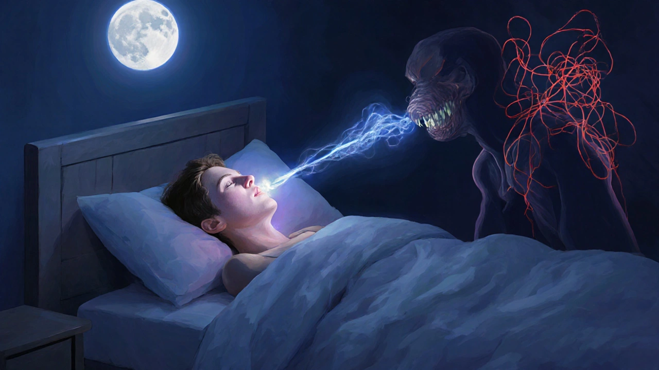 Spící osoba s čistým proudem vzduchu nosními cestami, stín dřívějšího stavu vedle.